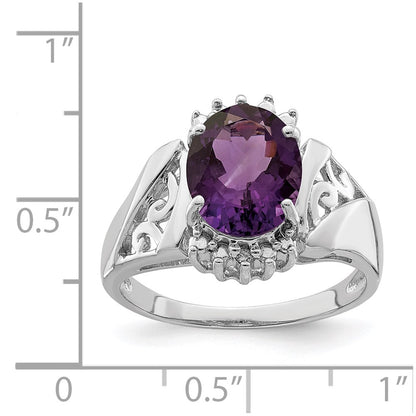 Sterling Silver Rhodium-plated Checker-Cut Amethyst & Diamond Ring