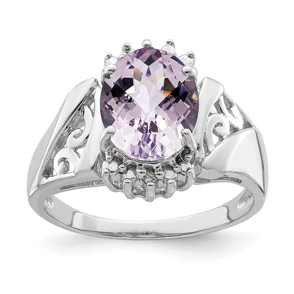 Sterling Silver Rhodium Checker-Cut Pink Quartz & Oval Natural Diamond Gemstone Birthstone Ring Fine Jewelry Gift for Her