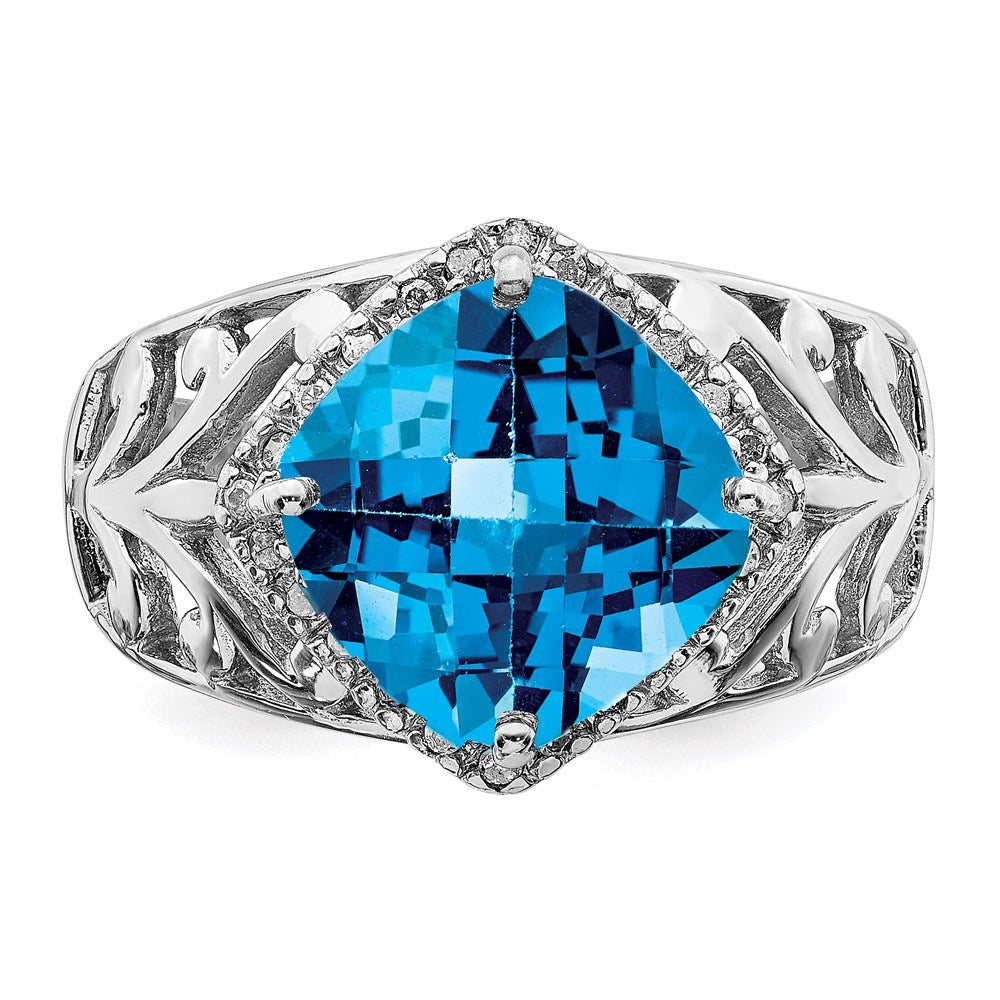 Sterling Silver Rhodium Checker-Cut Blue Topaz & Natural Diamond Gemstone Birthstone Ring Fine Jewelry Gift for Her