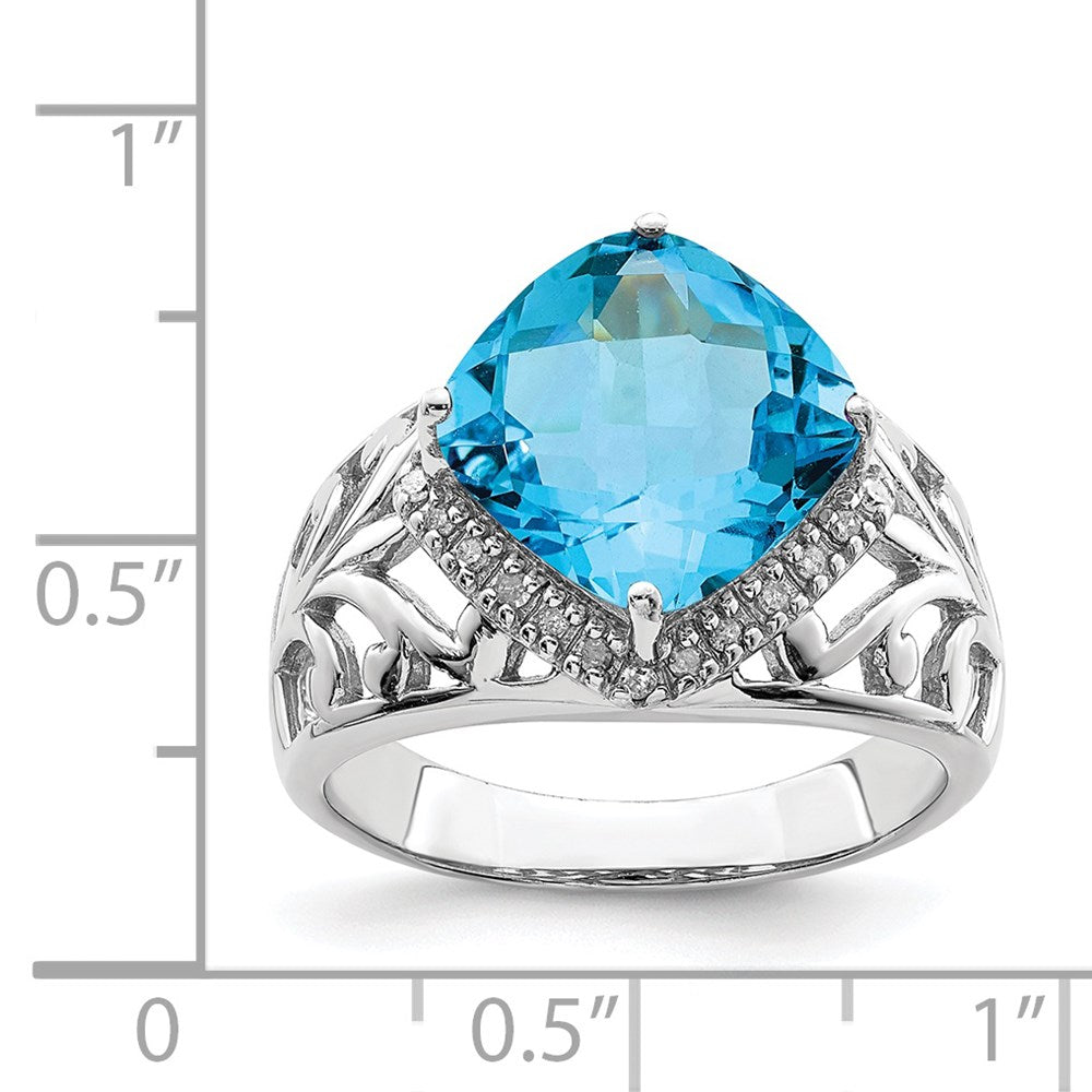 Sterling Silver Rhodium Checker-Cut Blue Topaz & Natural Diamond Gemstone Birthstone Ring Fine Jewelry Gift for Her