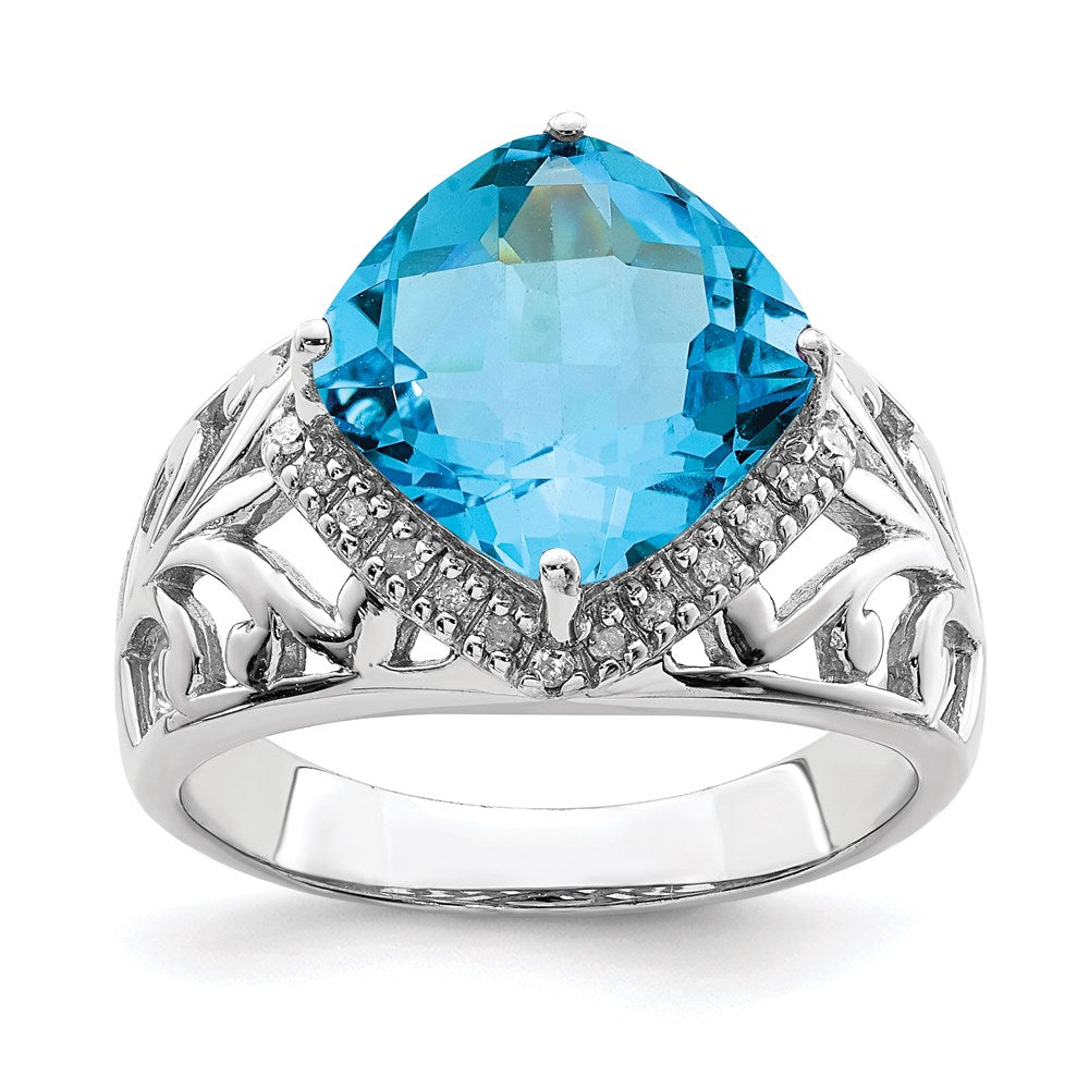 Sterling Silver Rhodium Checker-Cut Blue Topaz & Natural Diamond Gemstone Birthstone Ring Fine Jewelry Gift for Her