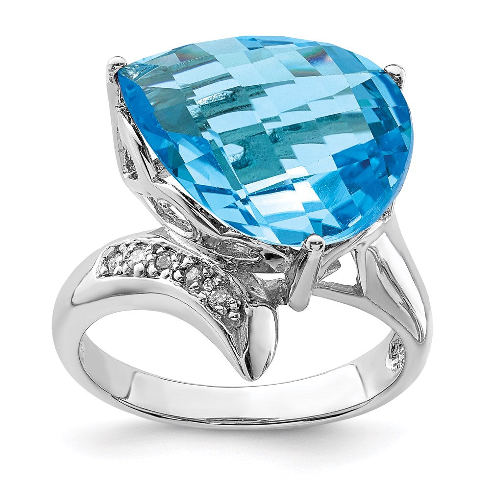 Sterling Silver Rhodium Blue Topaz & Natural Diamond Gemstone Birthstone Ring Fine Jewelry Gift for Her