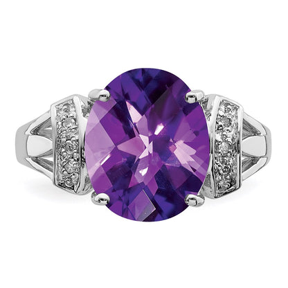 Sterling Silver Rhodium-plated Checker-Cut Amethyst & Diamond Ring