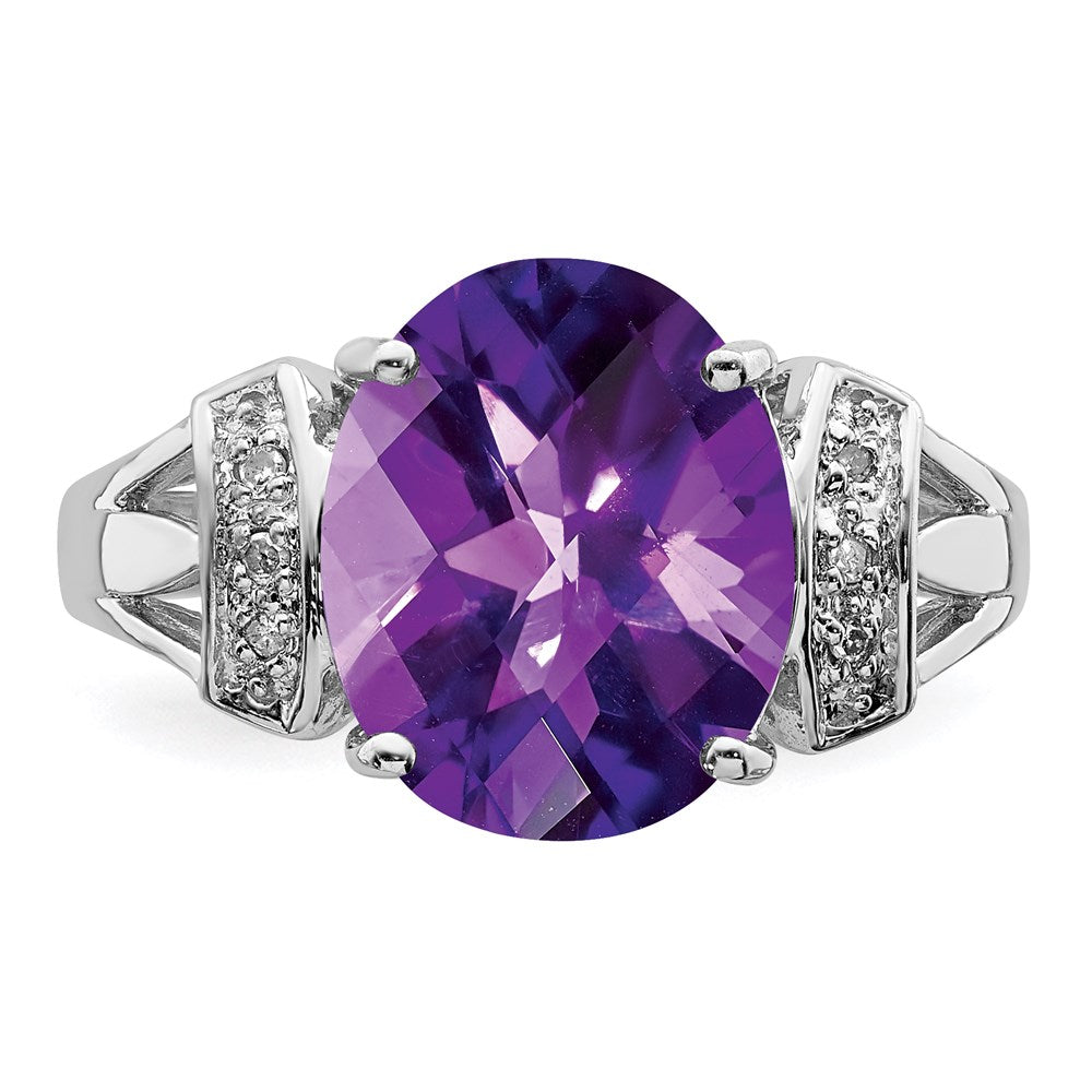 Sterling Silver Rhodium Oval Checker-Cut Amethyst & Diamond Gemstone Birthstone Ring Fine Jewelry Gift for Her