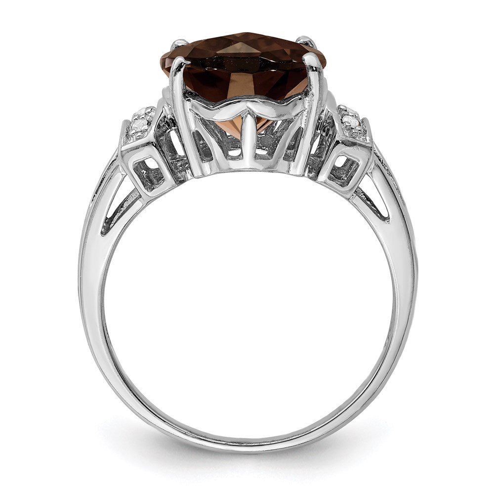 Sterling Silver Rhodium Oval Checker-Cut Smoky Quartz & Natural Diamond Gemstone Birthstone Ring Fine Jewelry Gift for Her