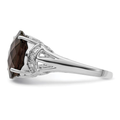 Sterling Silver Rhodium Oval Checker-Cut Smoky Quartz & Natural Diamond Gemstone Birthstone Ring Fine Jewelry Gift for Her