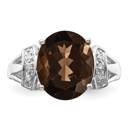Sterling Silver Rhodium Oval Checker-Cut Smoky Quartz & Natural Diamond Gemstone Birthstone Ring Fine Jewelry Gift for Her