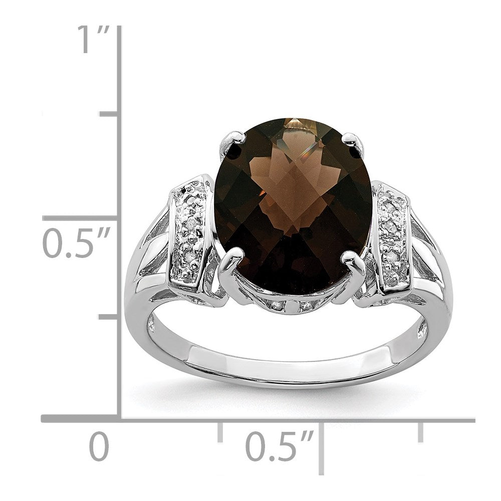 Sterling Silver Rhodium Oval Checker-Cut Smoky Quartz & Natural Diamond Gemstone Birthstone Ring Fine Jewelry Gift for Her
