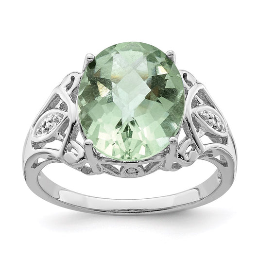 Sterling Silver Rhodium Oval Checker-Cut Green Quartz & Natural Diamond Gemstone Birthstone Ring Fine Jewelry Gift for Her