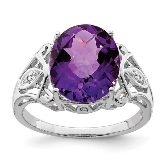 Sterling Silver Rhodium Oval Checker-Cut Amethyst & Diamond Gemstone Birthstone Ring Fine Jewelry Gift for Her