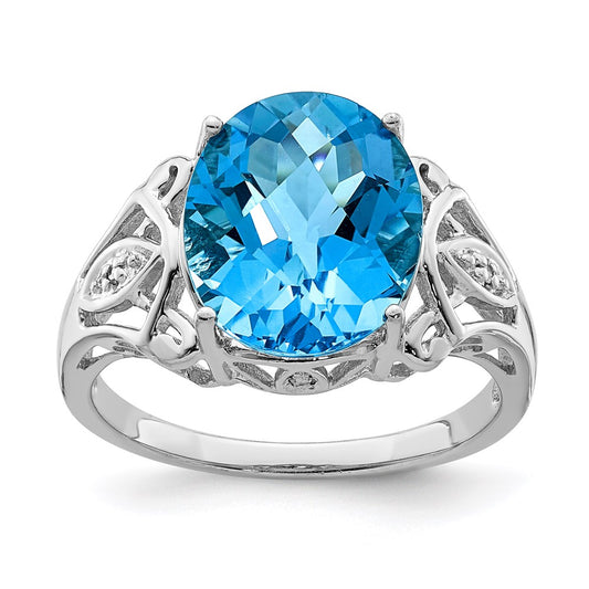 Sterling Silver Rhodium Oval Checker-Cut Blue Topaz & Natural Diamond Gemstone Birthstone Ring Fine Jewelry Gift for Her