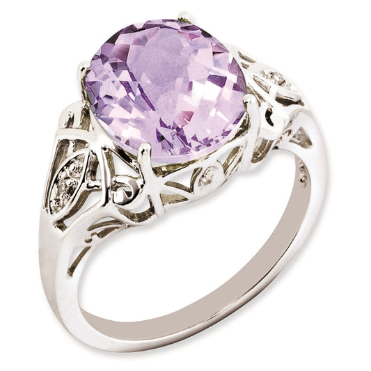 Sterling Silver RH-plated Oval Checker-Cut Pink Quartz & Diamond Gemstone Birthstone Ring Fine Jewelry Gift for Her