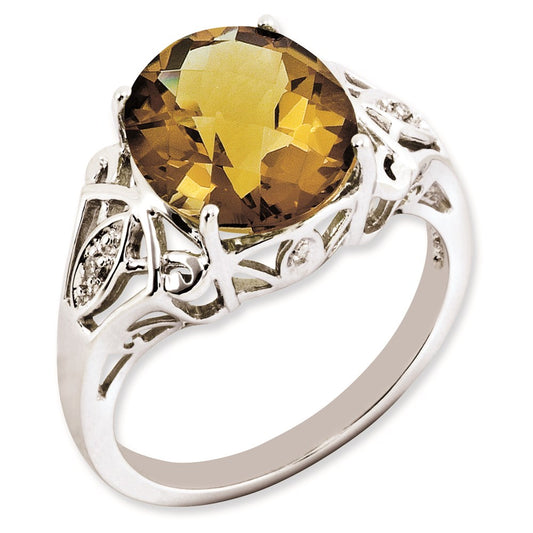 Sterling Silver RH-plated Oval Checker-Cut Whiskey Quartz & Diamond Gemstone Birthstone Ring Fine Jewelry Gift for Her