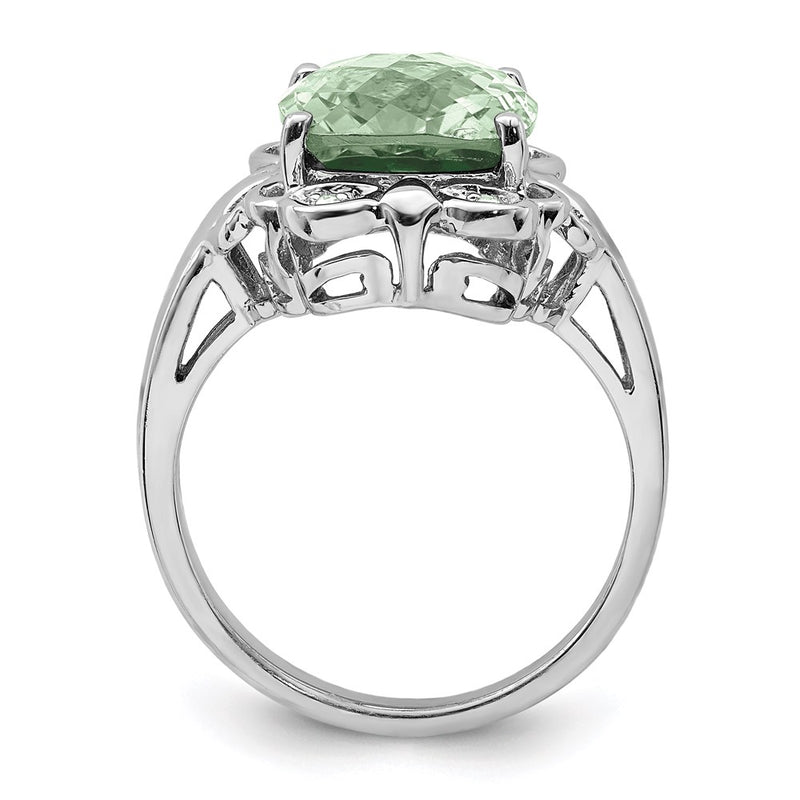 Sterling Silver Rhodium Checker-Cut Green Quartz & Diamond Ring