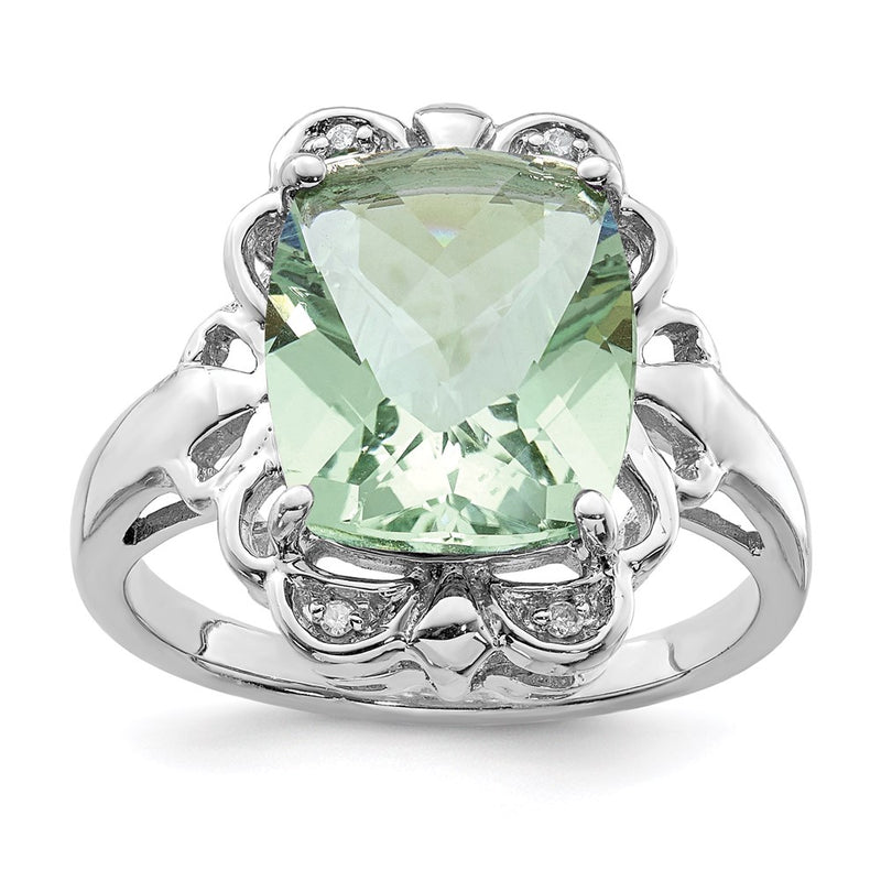 Sterling Silver Rhodium Checker-Cut Green Quartz & Diamond Ring