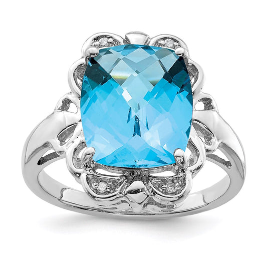 Sterling Silver Rhodium Checker-Cut Blue Topaz & Natural Diamond Gemstone Birthstone Ring Fine Jewelry Gift for Her