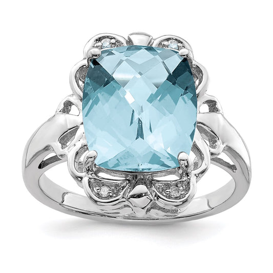 Sterling Silver Rhodium Checker-Cut Sky Blue Topaz & Diamond Ring