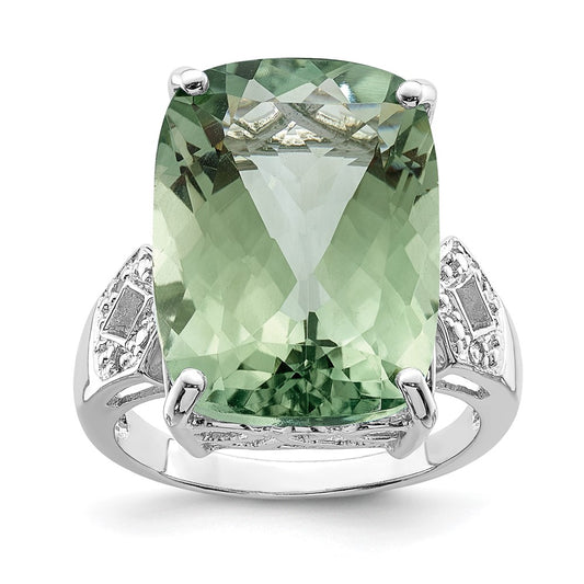 Sterling Silver Rhodium Green Quartz & Natural Diamond Gemstone Birthstone Ring Fine Jewelry Gift for Her