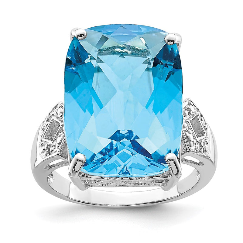 Sterling Silver Rhodium Blue Topaz & Natural Diamond Gemstone Birthstone Ring Fine Jewelry Gift for Her