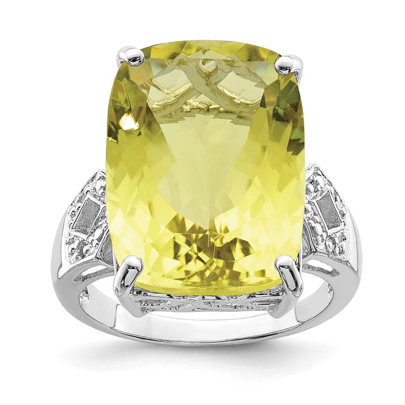 Sterling Silver Rhodium Lemon Quartz & Diamond Ring