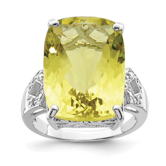 Sterling Silver Rhodium Lemon Quartz & Natural Diamond Gemstone Birthstone Ring Fine Jewelry Gift for Her