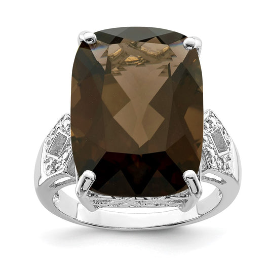 Sterling Silver Rhodium Smoky Quartz & Natural Diamond Gemstone Birthstone Ring Fine Jewelry Gift for Her