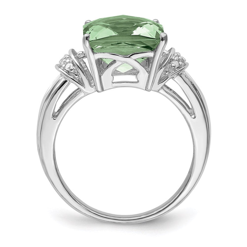 Sterling Silver Rhodium Checker-Cut Green Quartz & Diamond Ring