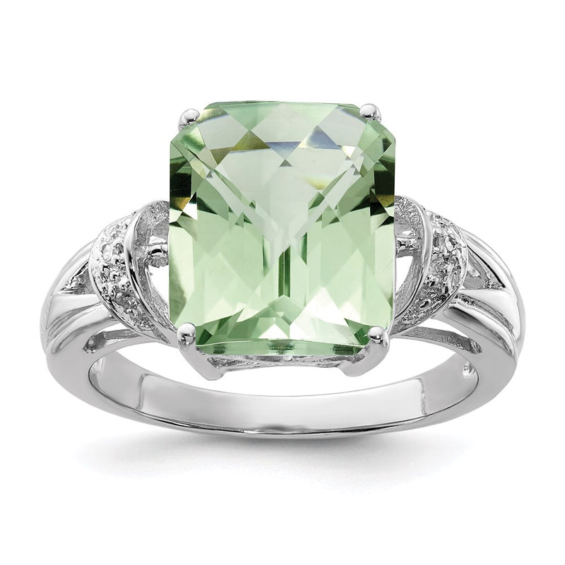 Sterling Silver Rhodium Checker-Cut Green Quartz & Diamond Ring