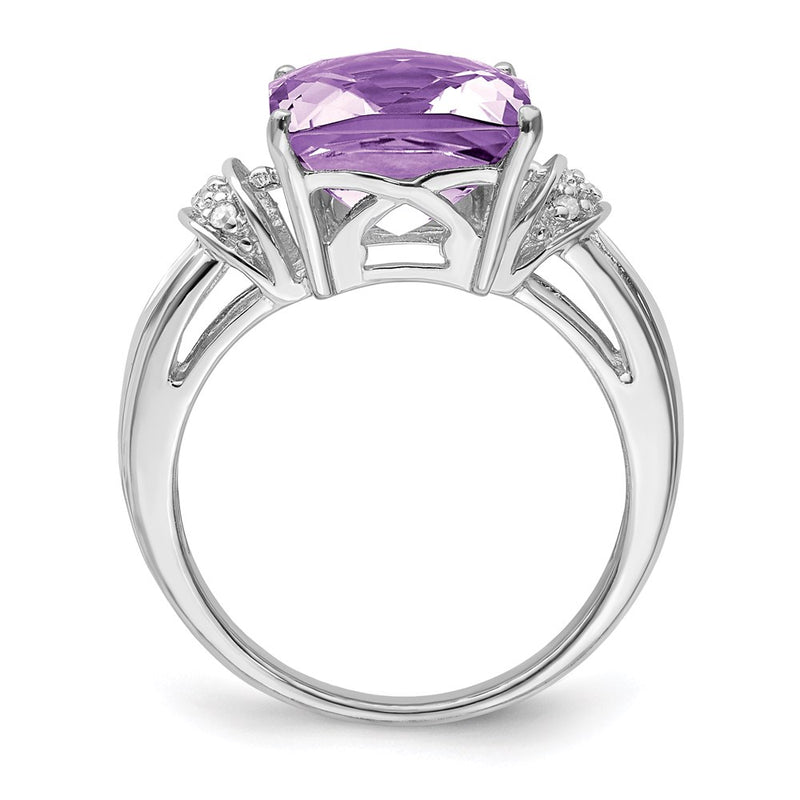 Sterling Silver Rhodium Checker-Cut Pink Quartz & Diamond Ring