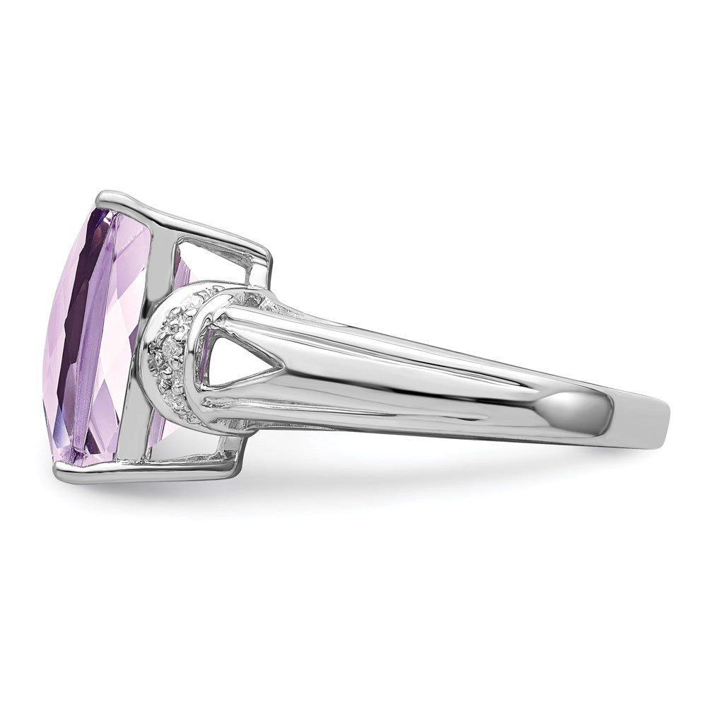 Sterling Silver Rhodium Checker-Cut Pink Quartz & Diamond Ring