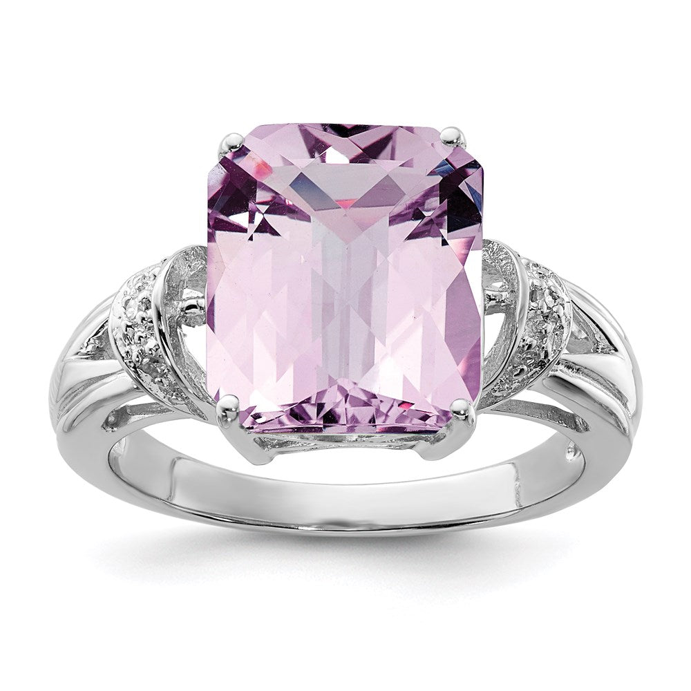 Sterling Silver Rhodium Checker-Cut Pink Quartz & Diamond Ring