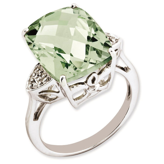 Sterling Silver 14K White Gold Plated Checker-Cut Green Quartz & Diamond Gemstone Birthstone Ring Fine Jewelry Gift for Her