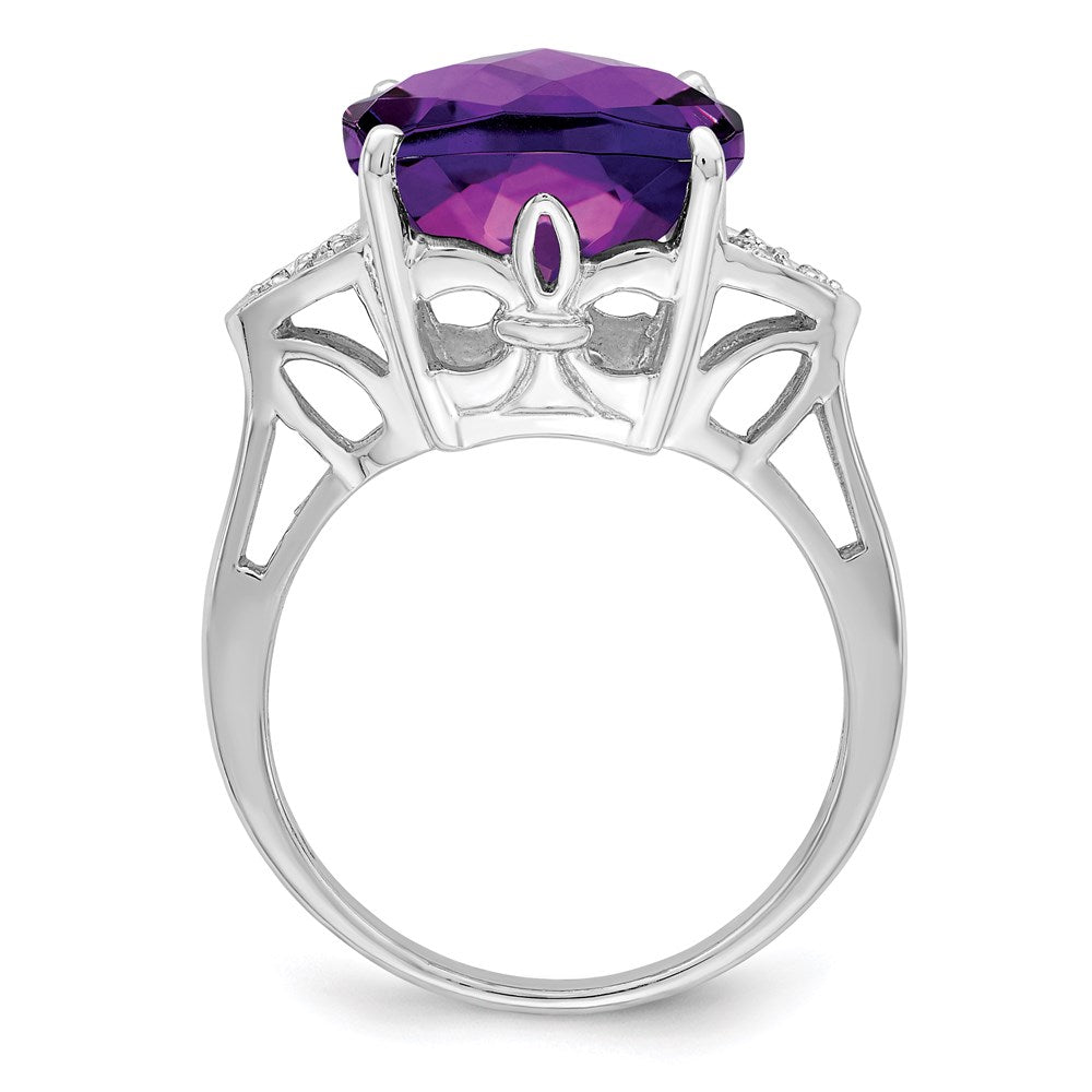Sterling Silver 14K White Gold Plated Checker-Cut Amethyst & Diamond Gemstone Birthstone Ring Fine Jewelry Gift for Her
