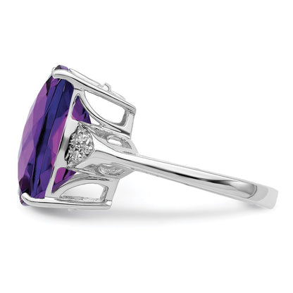 Sterling Silver 14K White Gold Plated Checker-Cut Amethyst & Diamond Gemstone Birthstone Ring Fine Jewelry Gift for Her