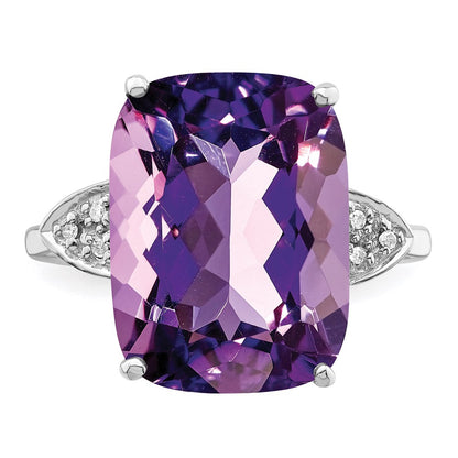 Sterling Silver 14K White Gold Plated Checker-Cut Amethyst & Diamond Gemstone Birthstone Ring Fine Jewelry Gift for Her