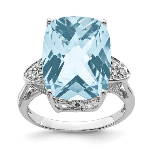 Sterling Silver Rhodium Checker-Cut Sky Blue Topaz & Natural Diamond Gemstone Birthstone Ring Fine Jewelry Gift for Her