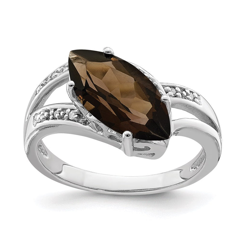 Sterling Silver Rhodium Smoky Quartz & Diamond Ring