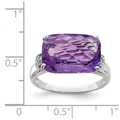 Sterling Silver Rhodium-plated Checker-Cut Amethyst & Diamond Ring
