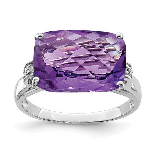 Sterling Silver 14K White Gold Plated Checker-Cut Amethyst & Diamond Gemstone Birthstone Ring Fine Jewelry Gift for Her