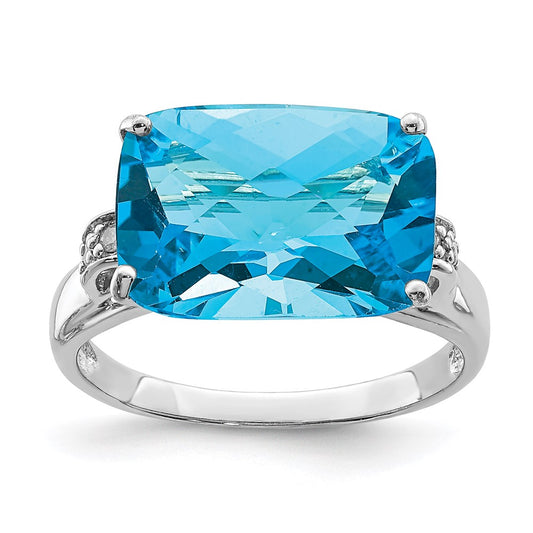 Sterling Silver Rhodium Checker-Cut Blue Topaz & Natural Diamond Gemstone Birthstone Ring Fine Jewelry Gift for Her