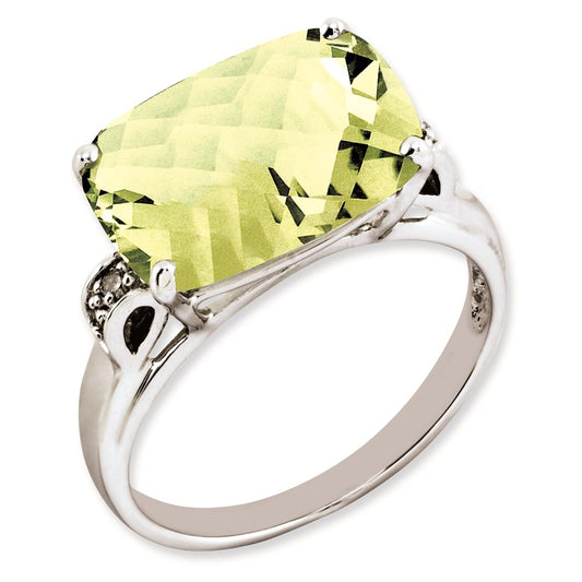 Sterling Silver 14K White Gold Plated Checker-Cut Lemon Quartz & Diamond Gemstone Birthstone Ring Fine Jewelry Gift for Her