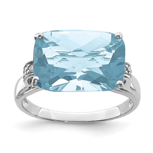 Sterling Silver Rhodium Checker-Cut Sky Blue Topaz & Natural Diamond Gemstone Birthstone Ring Fine Jewelry Gift for Her