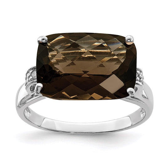 Sterling Silver Rhodium Checker-Cut Smoky Quartz & Natural Diamond Gemstone Birthstone Ring Fine Jewelry Gift for Her