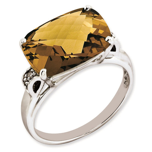 Sterling Silver RH-plated Checker-Cut Whiskey Quartz & Diamond Gemstone Birthstone Ring Fine Jewelry Gift for Her