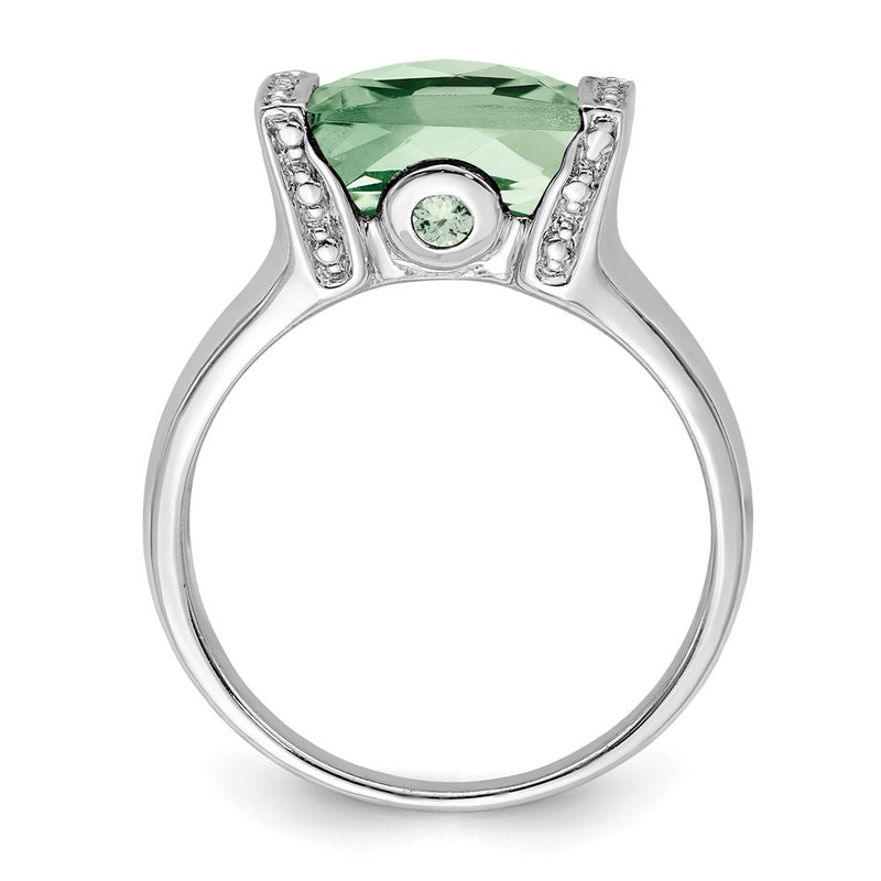 Sterling Silver Rhodium Checker-Cut Green Quartz & Diamond Ring