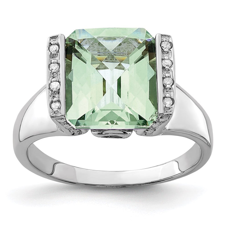 Sterling Silver Rhodium Checker-Cut Green Quartz & Diamond Ring