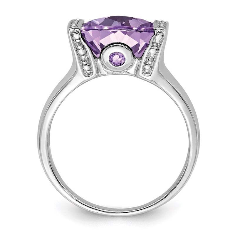 Sterling Silver Rhodium Checker-Cut Pink Quartz & Diamond Ring
