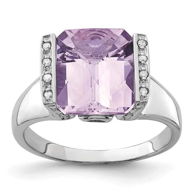 Sterling Silver Rhodium Checker-Cut Pink Quartz & Diamond Ring