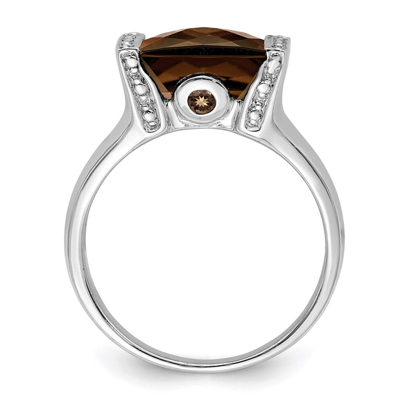 Sterling Silver Rhodium Checker-Cut Smoky Quartz & Diamond Ring