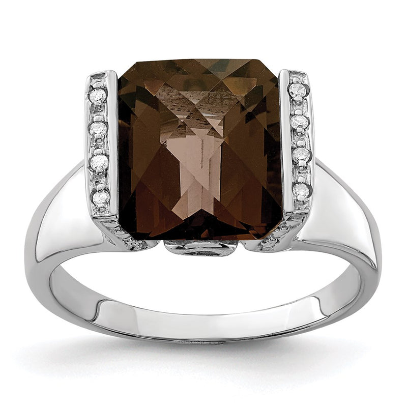 Sterling Silver Rhodium Checker-Cut Smoky Quartz & Diamond Ring